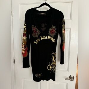 Ed Hardy Dress Sz L Love Kills Slowly Embellished Y2K Christian Audigier